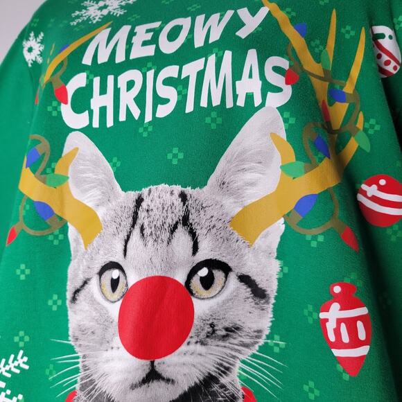 Ugly Christmas Sweater Sweatshirt Green Meowy Christmas Cat Size Large Party - Picture 2 of 7